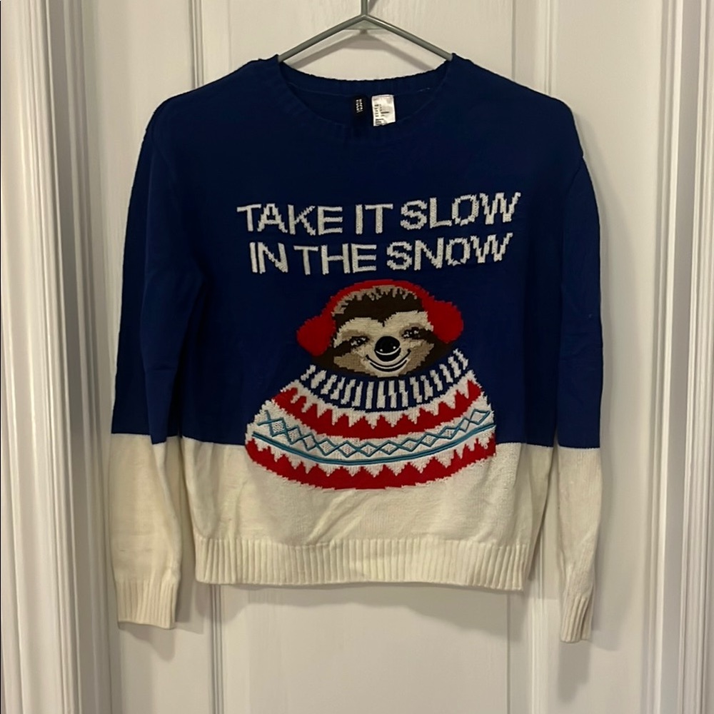 Blue and White Sweater with Sloth Design